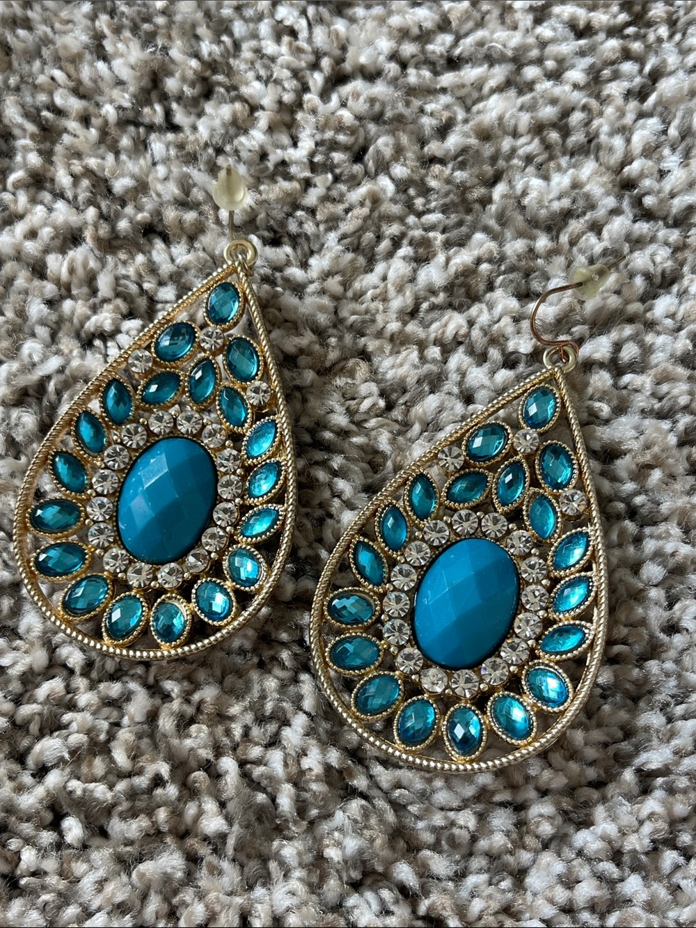Turquoise Teardrop Crystal Earrings - Gold Tone